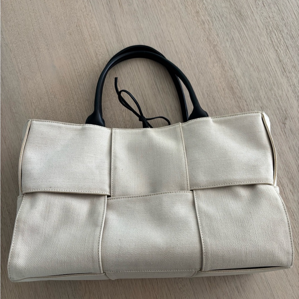 BOTTEGA VENETA Intreccio Medium Arco Tote Bag in Canvas & Black Leather